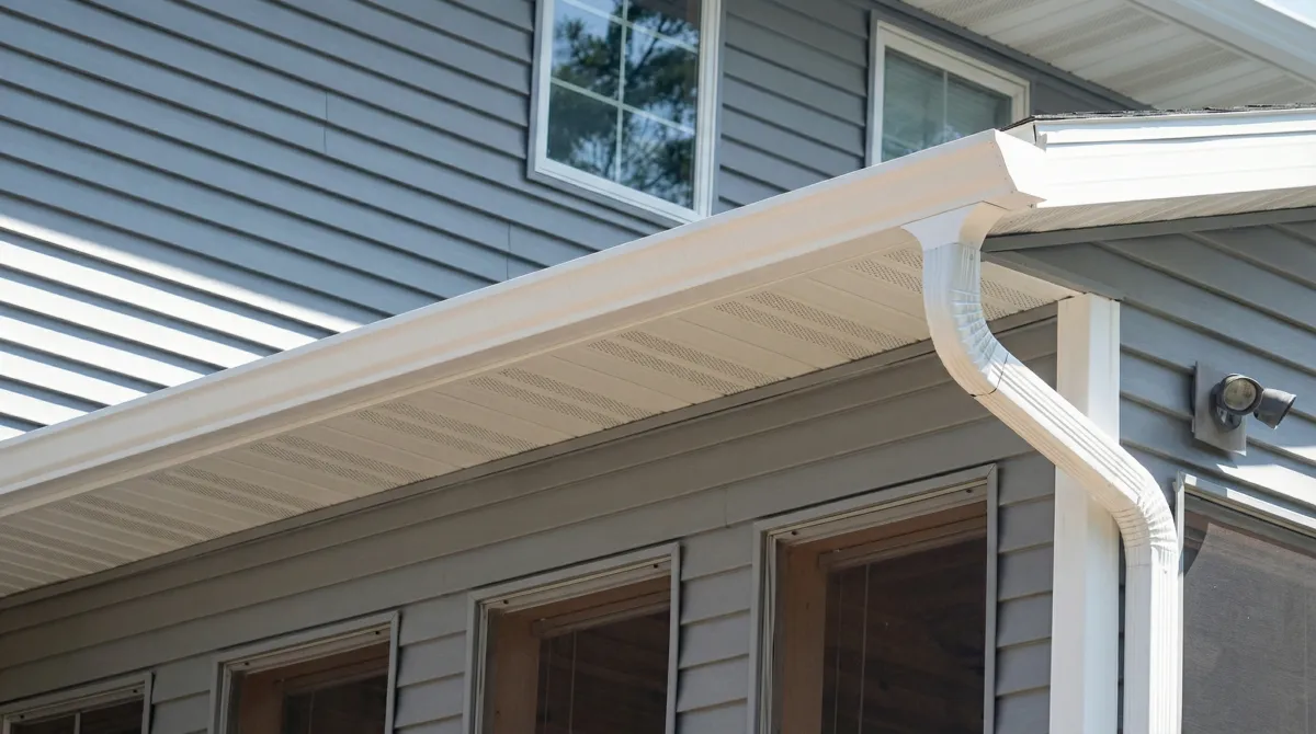 Professional home remodeling project showing newly installed white seamless gutters and downspouts on a house with gray siding in Chattanooga, TN