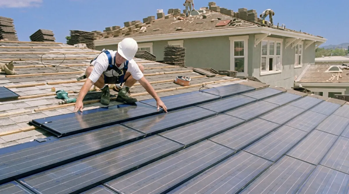 Roof replacement expert installing modern solar shingles on a residential home in Chattanooga, TN
