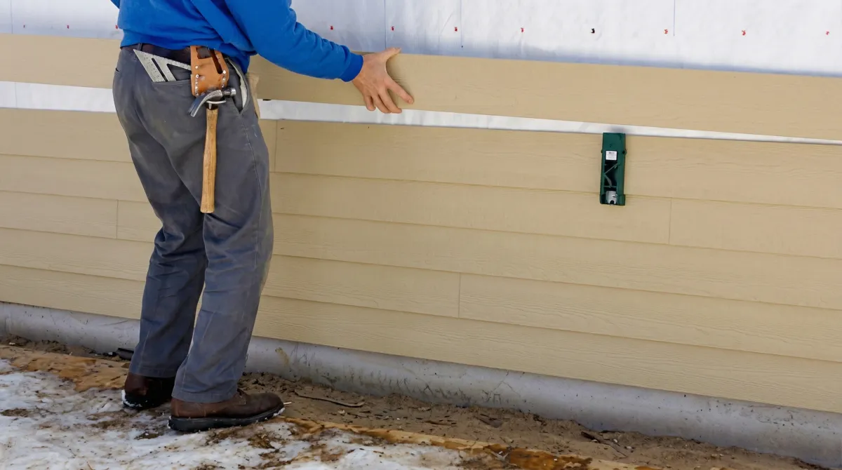 Siding replacement expert carefully aligning a new tan siding panel onto a residential exterior wall in Chattanooga, TN