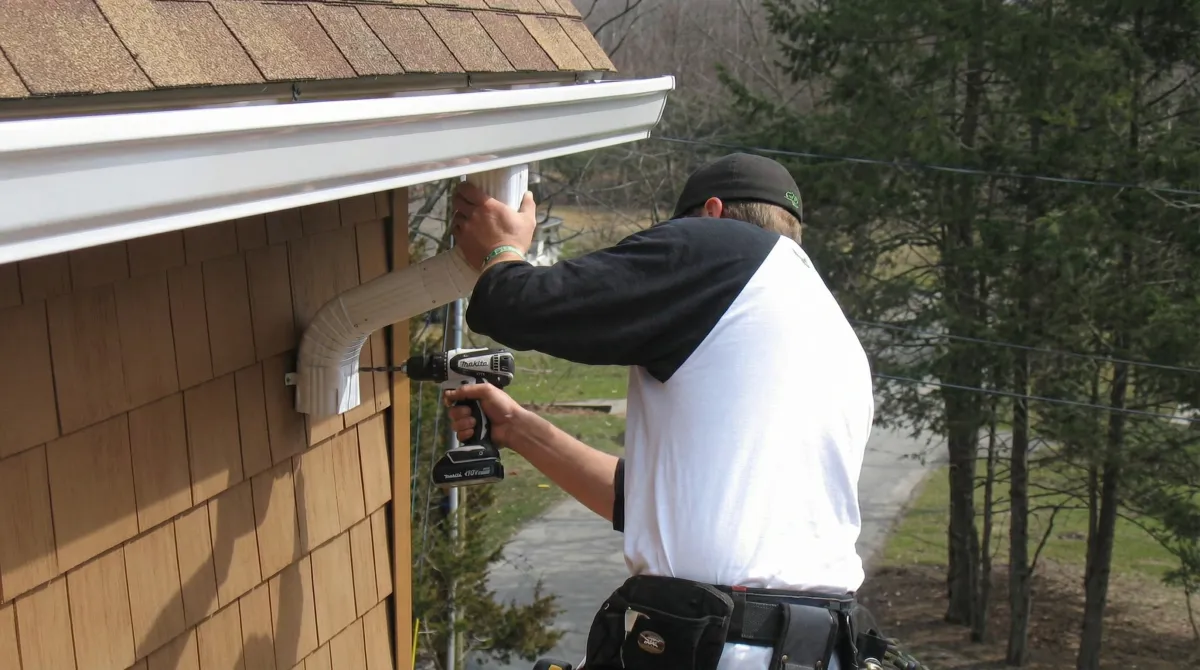 Professional contractor installing tan vinyl siding panels on a residential home exterior in Chattanooga, TN
