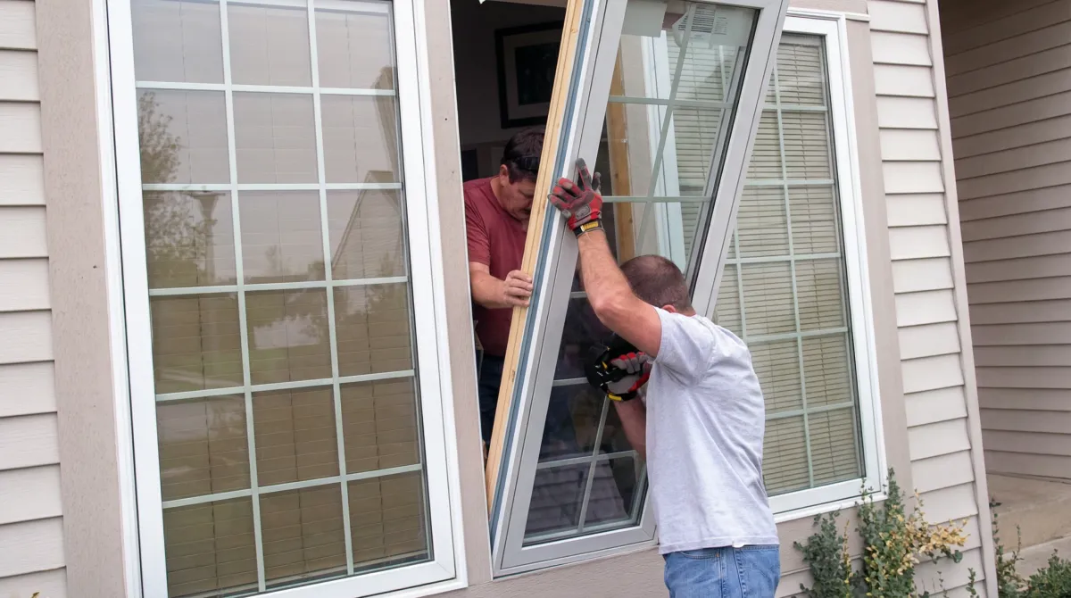 Professional home remodeling team installing a large replacement window on a house with tan siding in Chattanooga, TN