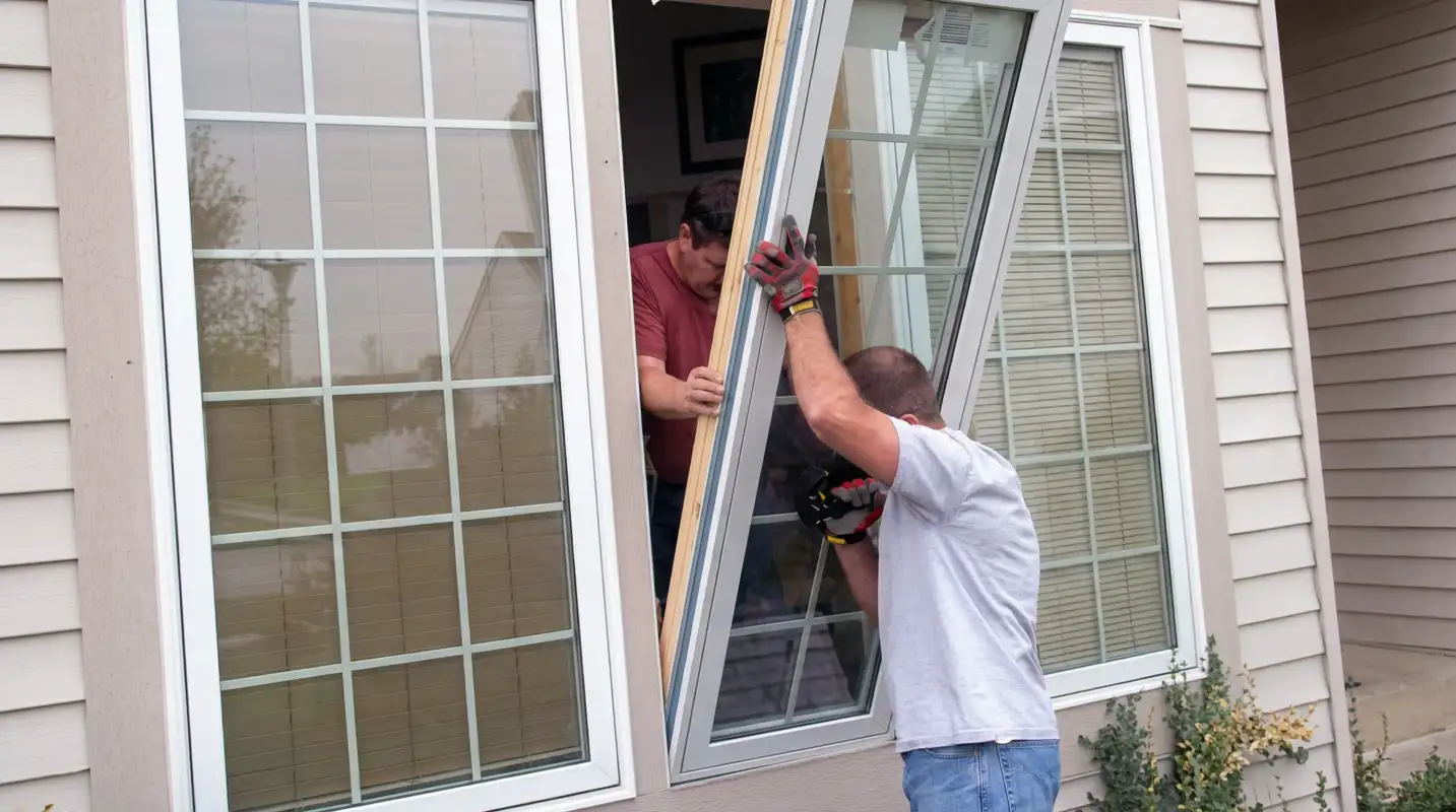 Professional home remodeling team installing a large replacement window on a house with tan siding in Chattanooga, TN